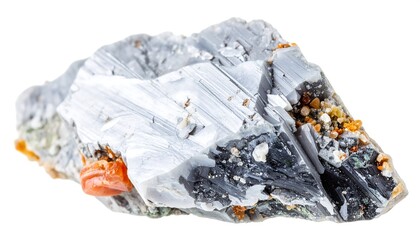 Angular specimen with silver-grey striations, black patches, and orange-brown inclusions on a white background