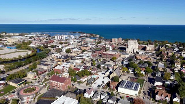 aerial rising up to reveal racine wisconsin