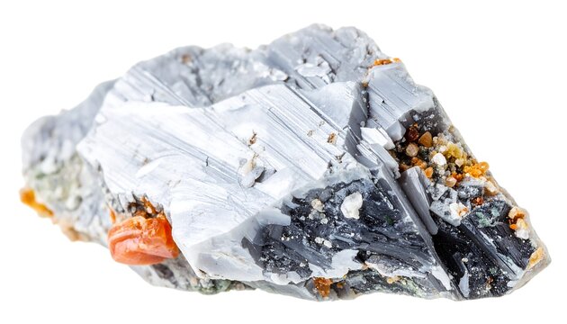 Angular specimen with silver-grey striations, black patches, and orange-brown inclusions on a white background