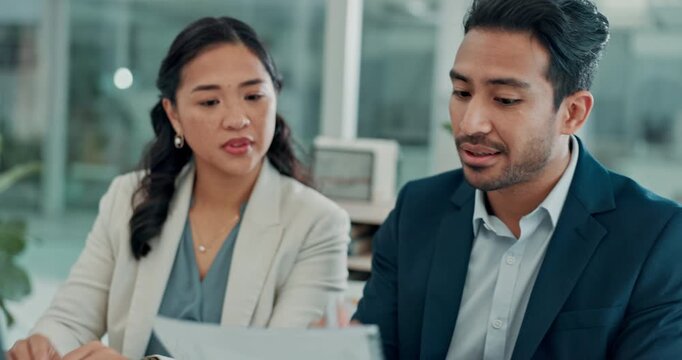 Writing, notes and hands with paperwork, office and teamwork for financial report, talking and plan. Research, online and people with documents for budget analysis, accountant or data entry with tech