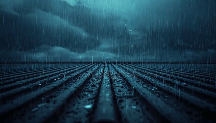 Shimmering wet corrugated metal surface reflecting stormy sky on rooftop, with rain droplets