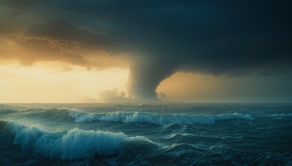 Swirling waterspout funnel descending over open ocean, with storm clouds and ocean waves