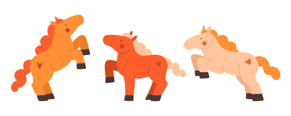 Chinese calendar New Year symbol. Cute vector set. Cartoon horses with hearts illustration. Happy New Year greeting card, banner template. 2026 Year of the Horse.  