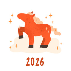 Chinese calendar New Year symbol. Vector cute red cartoon horse and stars illustration. Happy New Year greeting card, banner template. 2026 Year of the Horse.  
