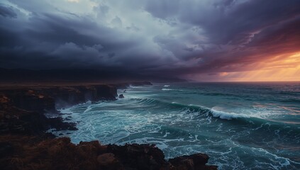 Crashing foamy ocean waves and rocky cliffs dominating rugged shoreline at dusk, with storm clouds