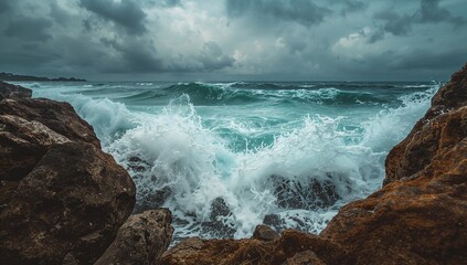 Surging ocean wave crest hitting shoreline, with rocky formations and sea foam under overcast sky