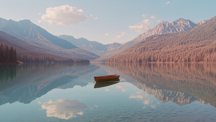 Floating wooden rowboat drifting on alpine mountain lake, with reflections of forest and peaks