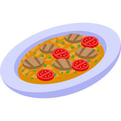Plate Of Food With Meatballs And Tomatoes Served On A White Oval Plate With A Light Blue Rim In A White Background