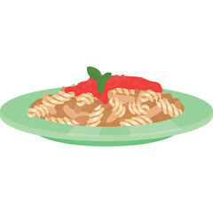 Plate of Fusilli Pasta Topped with Tomato Sauce and Fresh Basil Leaves Presented on a Light Green Plate Simple Food Illustration