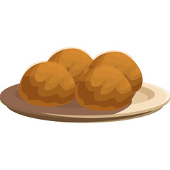 Plate of golden brown fried dumplings in cartoon style with transparent background isolated on white