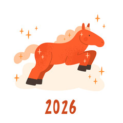 Chinese calendar New Year symbol. Vector cute red cartoon running horse illustration. Happy New Year greeting card, banner template. 2026 Year of the Horse.  