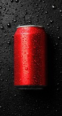Red can covered in water droplets on dark textured surface
