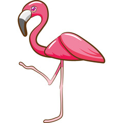 Pixelated pink flamingo standing on one leg with white background and pink outline stylized bird art vector illustration
