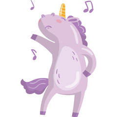 Pixelated Purple Unicorn Dancing with Musical Notes on Transparent Background, Retro 8-Bit Style Fantasy Creature Illustration