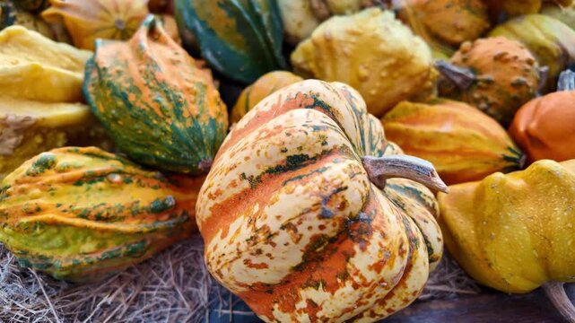 Assorted ornamental gourds, or coloquintes,recognized for their vibrant autumn colors&mdash;yellows, greens, and oranges&mdash;and their distinctive shapes, including ridged, warty, and striped textures