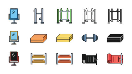 Gym Equipment Variety: An array of fitness tools, including mirrors, weightlifting stations, parallel bars, a dumbbell, mat and benches and rolls, are presented on a clean background.