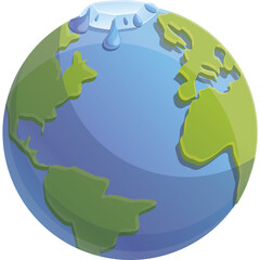Planet Earth Globe Illustrating Melting Ice Caps and Water Droplets with Continents Showing Blue Oceans and Green Landmasses Against a Transparent Background