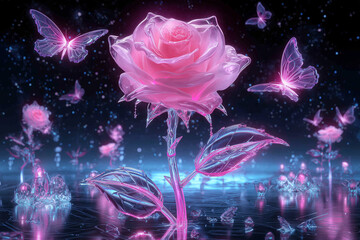 Glowing pink rose with butterflies fantasy light effect background