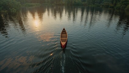 Gliding red canoe leaving wake across forest lake during golden hour, with sun and tree reflections