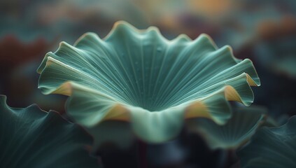 Fan-shaped leaf with ruffled edges curling downward in garden, showing radial veins