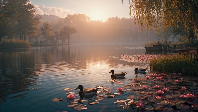 Gliding four mallard ducks through pink water lilies at sunrise in lakeside park, dock and rowboats