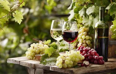Wine & grapes still life, rustic wood table, leafy vines backdrop
