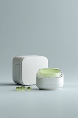 Cream jar, square box, and capsules on a light grey background