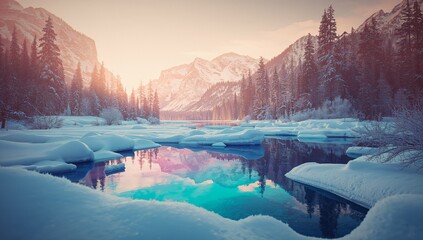 Flowing frozen river winding in snow-covered mountain forest at sunrise, with ice slabs and peaks