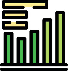 Green and yellow bar chart is growing, showing positive trend and data increasing with text boxes displaying information