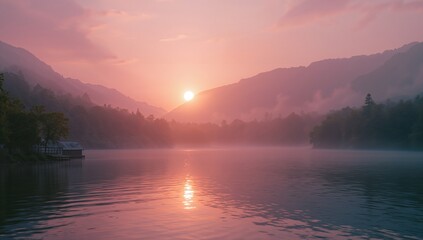 Gleaming sun disk hovering above mountain ridge at sunrise, reflecting on lake near boathouse