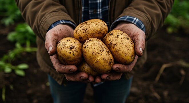 Close up of a farmer's dirty hands holding freshly harvested organic potatoes in a field - Powered by Adobe