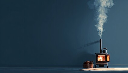 Cozy room with wood stove, basket, and smoke against blue wall