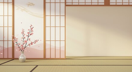 Japanese interior design with cherry blossom vase and tatami mat floor.
