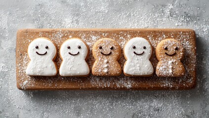 Cheerful gingerbread people cookies line wooden board, dusted white