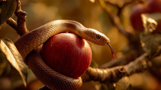 The snake circles the apple, the apple warm in light. The serpent rests on the branch, branch above fruit. Temptation grows slowly, fangs waiting to strike, tongue slow beneath the leaves of the tree.