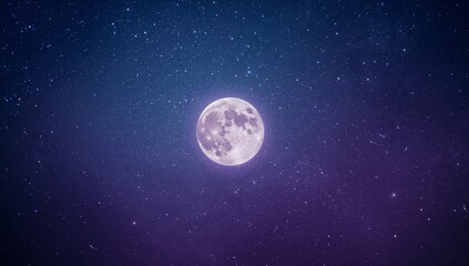 Fototapeta premium Full moon shining in open night sky with navy blue-purple gradient, with dense field of stars