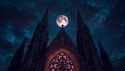 Gothic cathedral facade standing under moonlight, with glowing rose window and swirling clouds