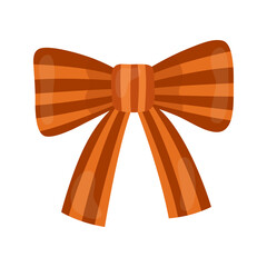 Ribbon bow, striped orange bow. Festive decor, element isolated on white background.