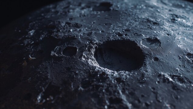 Showing large circular crater on lunar surface at low sun angle, with smaller craters, copy space