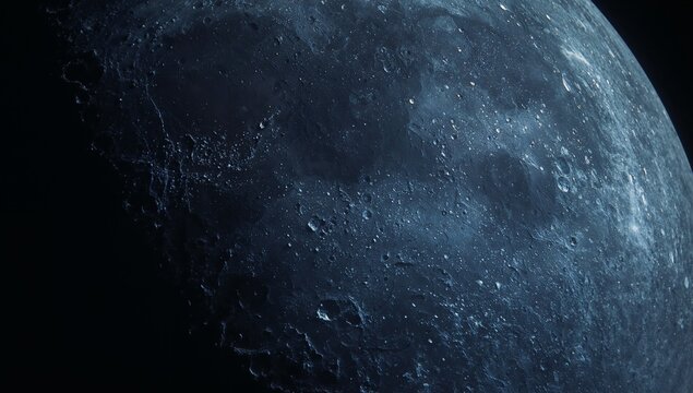 Revealing partial lunar disk in outer space displaying impact craters, with highland regions - Powered by Adobe