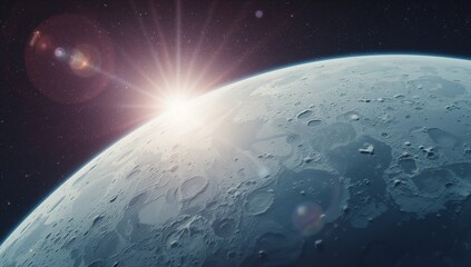 Displaying cratered lunar surface glowing under bright star at horizon, with lens flare artifacts