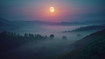 Fototapeta premium Shining full moon casting soft light over rural hills at night, with mist-filled valley