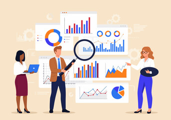 Business analytics team reviewing charts and graphs for market analysis and data visualization using various tools