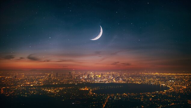 Hanging crescent moon centered above coastal city at dusk, with stars skyscrapers bay street lights