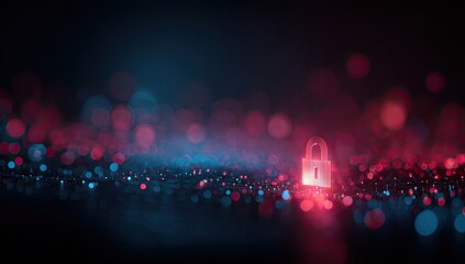 Lit padlock on bokeh surface, pink & blue highlights