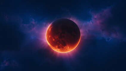 Radiating pinkish corona around red planet in outer space panorama, highlighting stars and nebulae