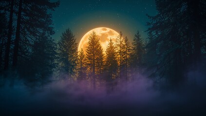 Glowing full moon rising behind pine trees in misty night forest, with purple mist and stars