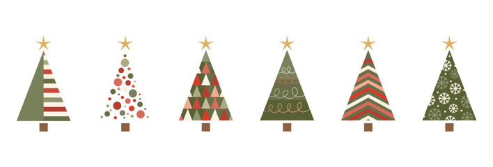 A set of abstract Christmas trees with geometric patterns and cozy Christmas colors. Template for posters, postcards, and backgrounds