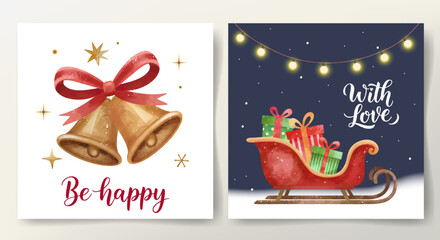 Christmas cards with bells, sleigh with gifts. Happy celebrate xmas tags. Holiday greeting cards with lettering.