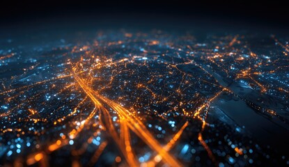 Glowing city grid at night, bokeh